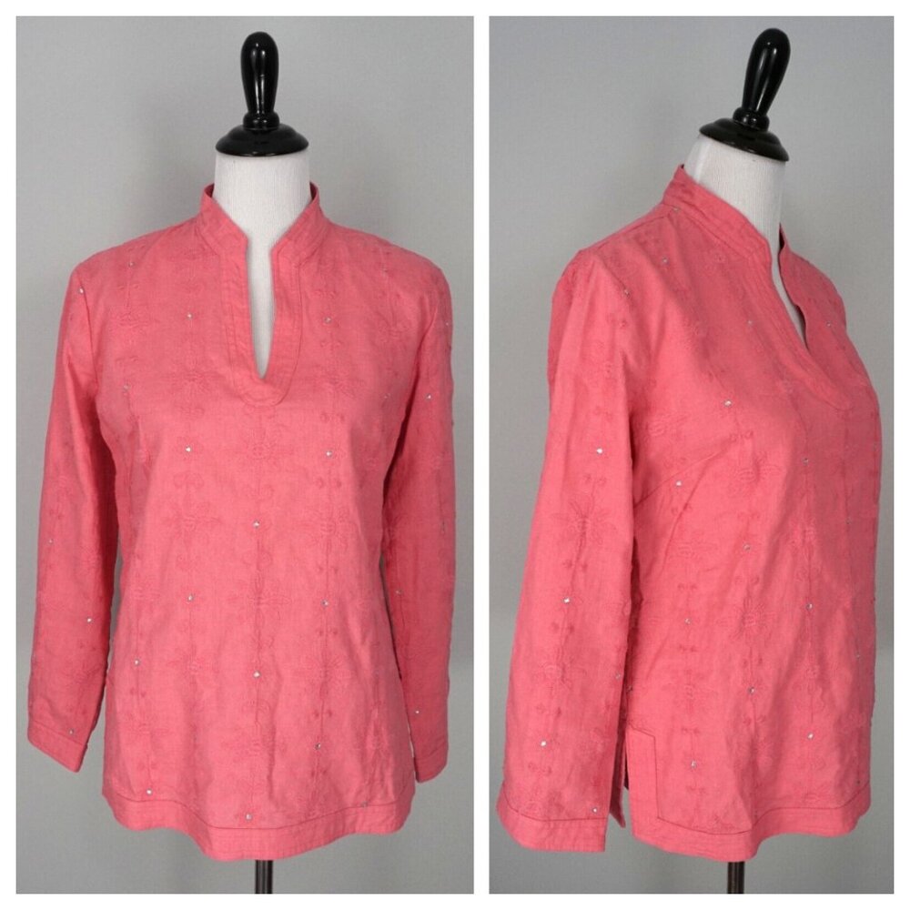 TWEEDS Pink Floral Embroidered Faux Diamond V-Neck Tunic Linen Top Shirt Size M